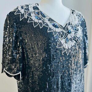 Vintage Mandaly Silk Floral Sequin Beaded Blouse with Scalloped Hem – US XL